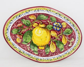 Italian Ceramic Oval Serving Tray and Wall Plate Tuscan lemons and Flowers pattern on red