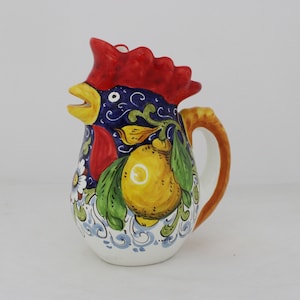 ITALIAN ceramic ROOSTER PITCHER Lemon on Blue pattern Tuscan Collection Handmade