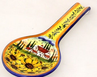 Italian Ceramic Spoon rest Sunflowers Tuscan Landscape Handpainted Made in Italy