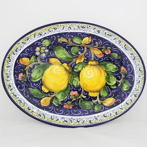 Italian Ceramic Oval Serving Tray and Wall Plate Tuscan lemons and Flowers pattern on blue artistic pottery
