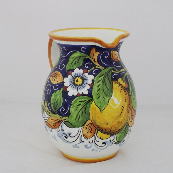 Italian Ceramic PITCHER 1lt wine jar water jar lemon juice Tuscan handpainted Lemon on blue