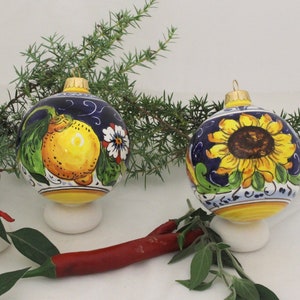 Italian Ceramic X-mas Balls Christmas Ornaments Handpainted in Florence Lemon and Sunflower