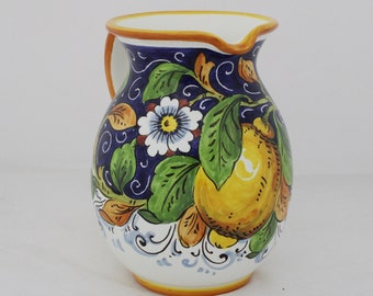 Italian Ceramic PITCHER 1lt wine jar water jar lemon juice Tuscan handpainted Lemon on blue