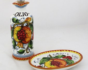 Italian Ceramic Oil Cruet Pomegranate pattern Tuscan Oil Bottle and Little Dish, cruet and saucer made in Italy