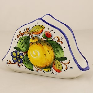 Italian Ceramic Napkin Holder Lemon and Flowers Pattern, Triangular Design, Hand Painted, Made in Italy