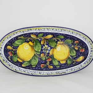 Italian Ceramic Oval Serving Tray and Wall Plate. Hand made pottery dish with Tuscan lemons and Flowers pattern. Made in Italy.