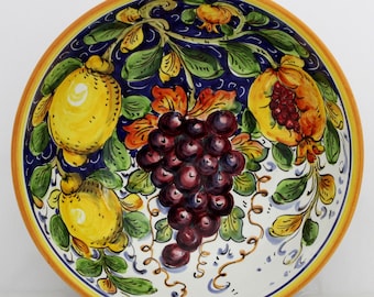 Italian Ceramic Serving Bowl - art pottery Mixed Fruit "Bacco" pattern Lemon, Grapes, Pomegranate