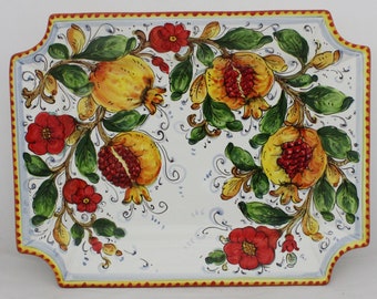 Italian Ceramic Serving Bowl Wall plate "Cantagallo" shape "Pomegranates and Flowers " pattern! Good Luck & Prosperity"