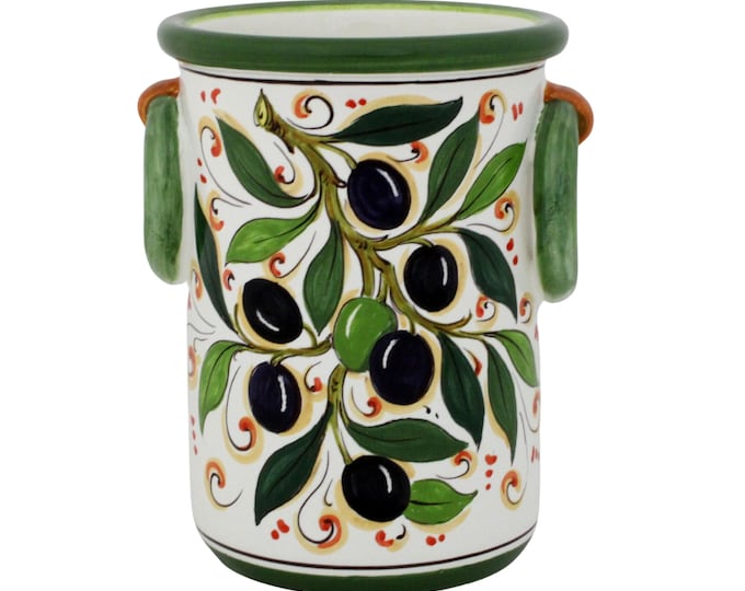 Handmade Italian Ceramic Utensil Holder & Wine Cooler – Tuscan Olive Pattern – Hand Painted Florentine Pottery