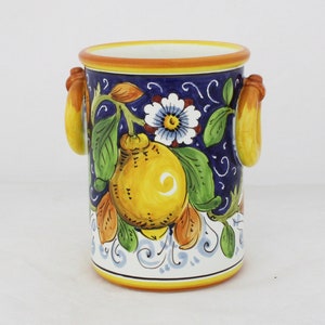 ITALIAN ceramic Utensil Holder and Wine Cooler Tuscan pattern "Lemon on blue" Handmade in Italy