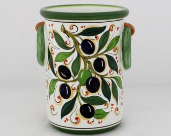 Italian ceramic Utensil Holder and Wine Cooler Tuscan pattern "Olive" Handmade in Italy