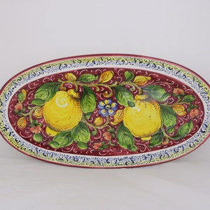 Italy Ceramic Oval Serving Tray and Wall Plate Tuscan Lemons and Flowers pattern on red