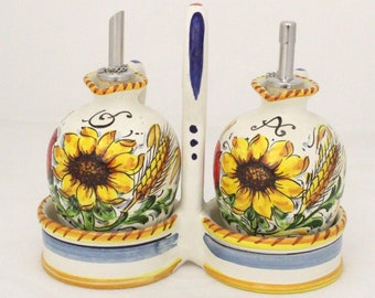 Italian ceramic set OIL and VINEGAR with basket "Sunflower, poppie and wheat" pattern. Made in Italy