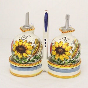 Italian ceramic set OIL and VINEGAR with basket "Sunflower, poppie and wheat" pattern. Made in Italy