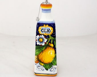 Italian Ceramic Oil Bottle with a Tuscan pattern "Lemon on blue " Handpainted in Florence Cruet made in Italy