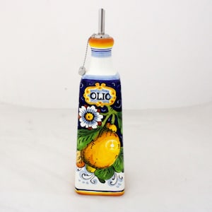 Italian Ceramic Oil Bottle with a Tuscan pattern &quot;Lemon on blue &quot; Handpainted in Florence Cruet made in Italy