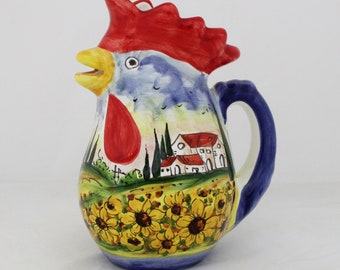 Italian Ceramic Rooster Pitcher Sunflower Tuscan landscape Made in Italy