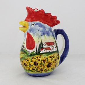 Italian Ceramic Rooster Pitcher Sunflower Tuscan landscape Made in Italy