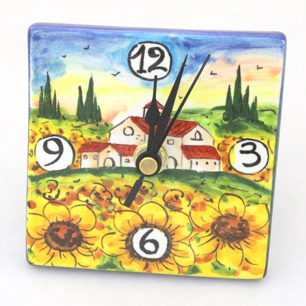 Horloge murale et de table en céramique italienne, motif paysage de tournesols toscans, peint à la main en Toscane. Idée fantastique de cadeau artisanal