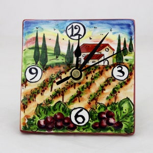 Italian Ceramic Wall and Table Clock Tuscan Grapes Landscape pattern ,Hand painted in Tuscany. Fantastic craft gift idea