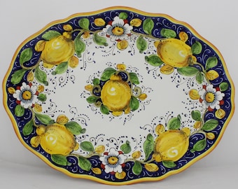 Italian Ceramic Serving Tray- Wall Plate- Lemons and Flowers Tuscan pattern on blue