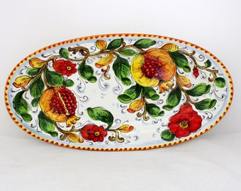 Italian Pottery Oval Serving Plate "Pomegranate and Flowers" Tuscan pattern Artistic ceramic