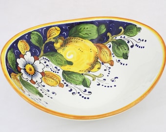 Italian Ceramic Serving Bowl amusing Boat Plate Lemon and Flower on blue Italian Pottery Handpainted