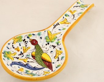 Italian Ceramic Spoon Rest holder Birds of Paradise pattern Handmade and painted in Italy. Italian Majolica