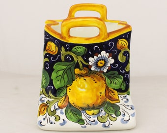 Italian Ceramic Utensil Holder Bag-Handpainted-Tuscan Lemon pattern, Pottery Made in Italy-Utensil Holder