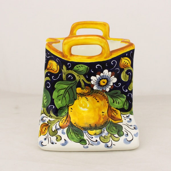 Sac porte-ustensiles en céramique italienne-Peint à la main-Motif citron toscan, Poterie fabriquée en Italie-Porte-ustensiles