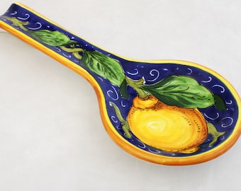 Italian Ceramic Spoon rest Lemon on blue pattern Handpainted Made in Italy