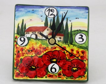 Italian Ceramic Desk or Wall Clock with Tuscan Poppies Landscape, Hand Painted Table Clock Made in Italy