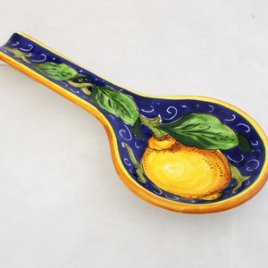 Italian Ceramic Spoon rest Lemon on blue pattern Handpainted Made in Italy