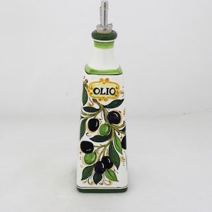 Italian Ceramic Oil Bottle with a Tuscan pattern &quot;Olive&quot; Handpainted in Florence Cruet made in Italy
