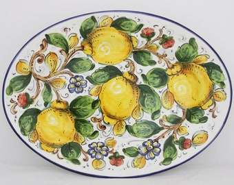 Italian Ceramic Oval Serving Tray and Wall Plate Tuscan lemons and Flowers pattern