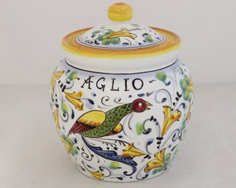 Italian Ceramic Garlic Jar "Birds of Paradise" pattern Tuscan collection Garlic holder Made in Italy