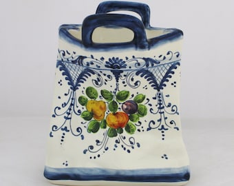 Italian Ceramic Utensil Holder Bag Handpainted Florentine Fruttina pattern, Pottery Made in Italy