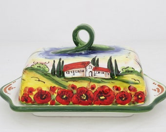 ITALIAN ceramic BUTTER DISH Tuscan Landacape with poppies Handmade in Florence