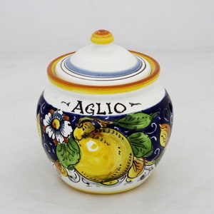 Pot à ail en céramique italienne, fabriqué à la main en Toscane – Décor citron et fleurs bleues, pot à ail, faïence florentine peinte à la main, fabriqué en Italie