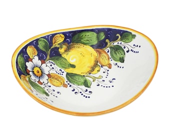 Italian Ceramic Serving Bowl Boat Shape – Lemon and Flowers on Blue – Handmade & Hand Painted Tuscan Pottery, Made in Italy
