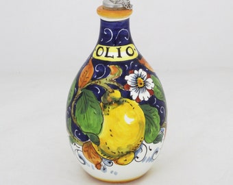Italian Ceramic Oil cruet "Lemon and flower on blue" Tuscan pattern Cruet made in Italy