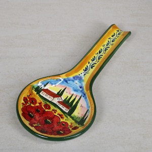 Italian Ceramic Spoonrest Poppies Tuscan Landscape Handpainted Made in Italy