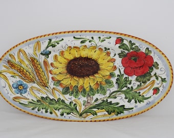 ITALIAN ceramic Serving Tray and Wall Plate Sunflowers, Poppies and Wheat Tuscan landscape