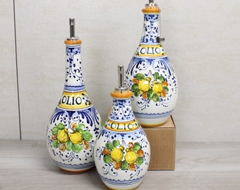 Italian Ceramic Oil Cruet, olive oil bottle Florentine pattern "Little lemons" cruet made in Italy