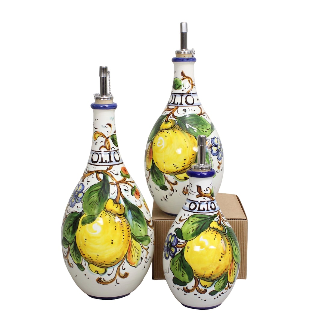 Handmade Ceramic Olive Oil Bottle - Tuscan Lemon and Flower