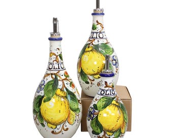 Handmade Ceramic Olive Oil Bottle - Tuscan Lemon and Flower pattern - Tuscan Italian Pottery - Kitchen Decor - Unique Cruet, Made in Italy