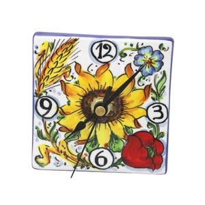 Hand Painted Italian Ceramic Desk & Wall Clock, Tuscan Campestre Sunflowers and Poppies, Lead-Free, Made in Italy