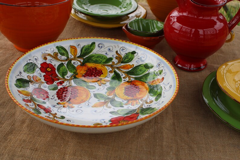 Handmade Italian Ceramic Serving Bowl Centerpiece for Table – Pomegranate and Flowers Pattern, Tuscan Pottery, Made in Italy image 5