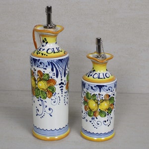 Italian ceramic Oil Cruet with handle "Little Lemons" pattern Tuscan olive oil bottle artistic pottery Cruet