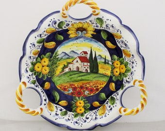 Italian Artistic Ceramic Centerpiece Fruit and Serving Bowl Tuscan Landscape pattern